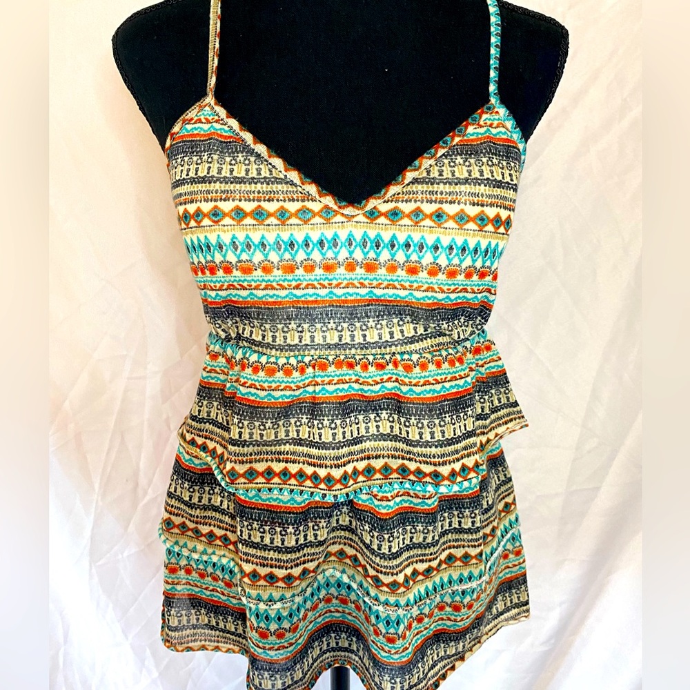 Multicolored tank top with ruffled front and unique back